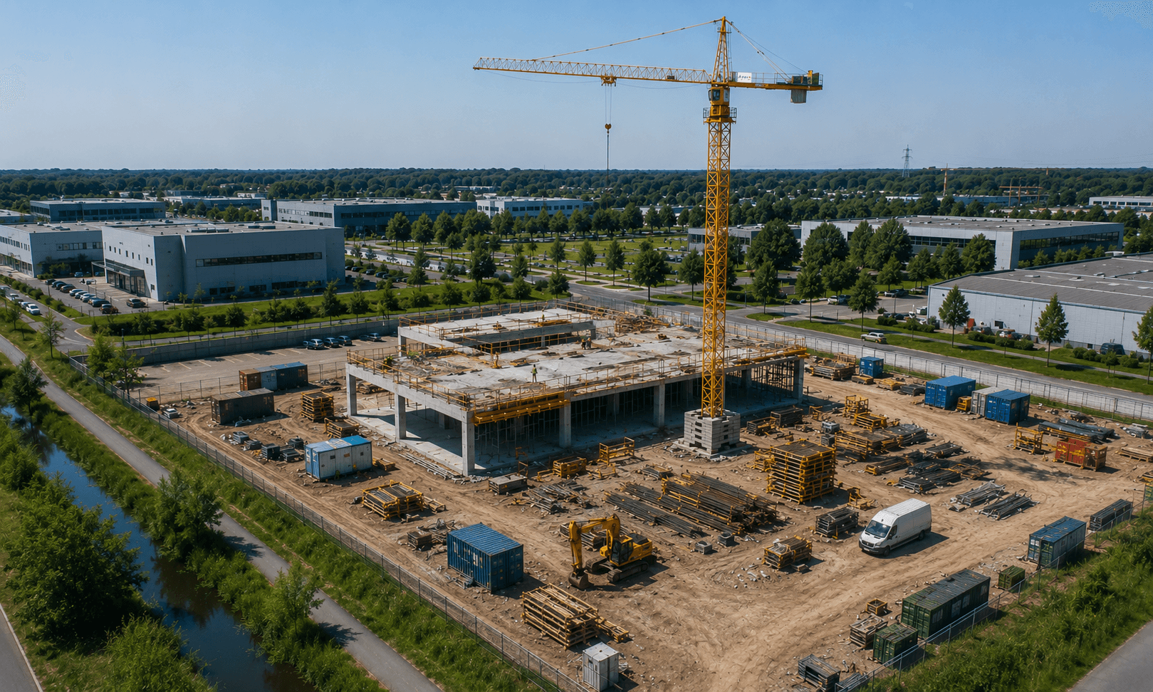 Construction site with a crane, material staging areas and surrounding business park roads.