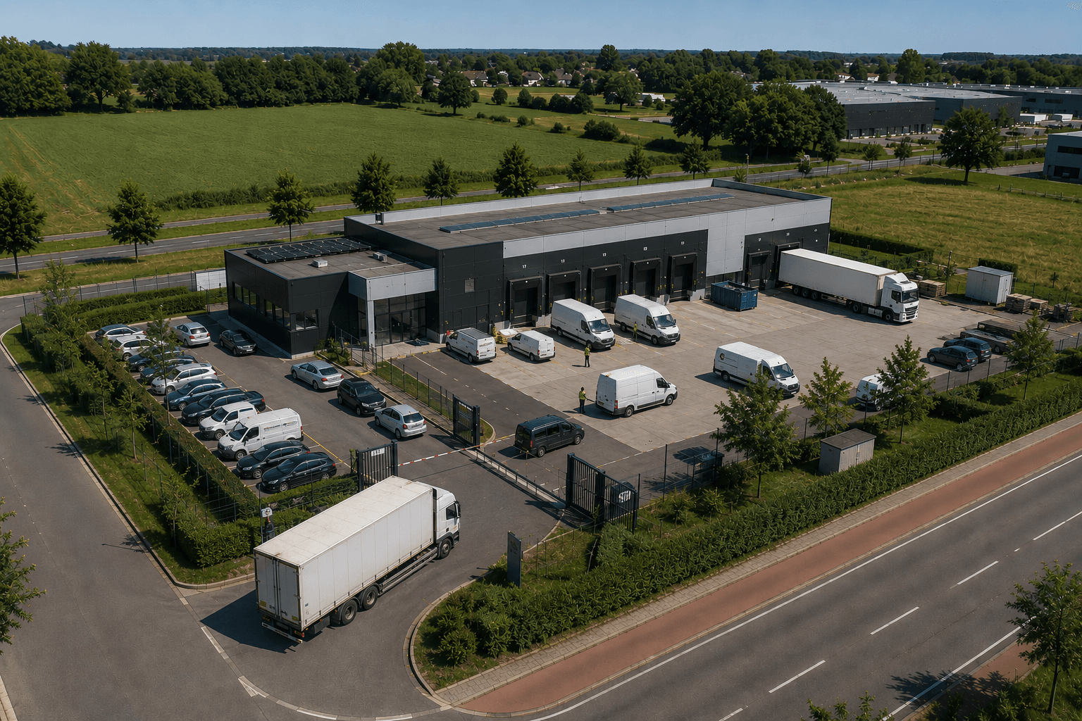 Smaller logistic hub with loading bays, parked delivery vehicles and a gated yard.