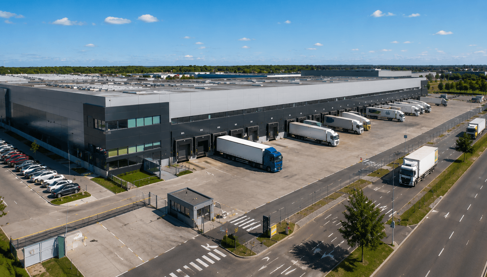 Large warehouse with multiple trucks parked at loading docks and a controlled yard entrance.
